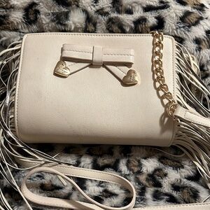 Betsey Johnson Cream Crossbody with Fringe, Bow & Gold Chain
